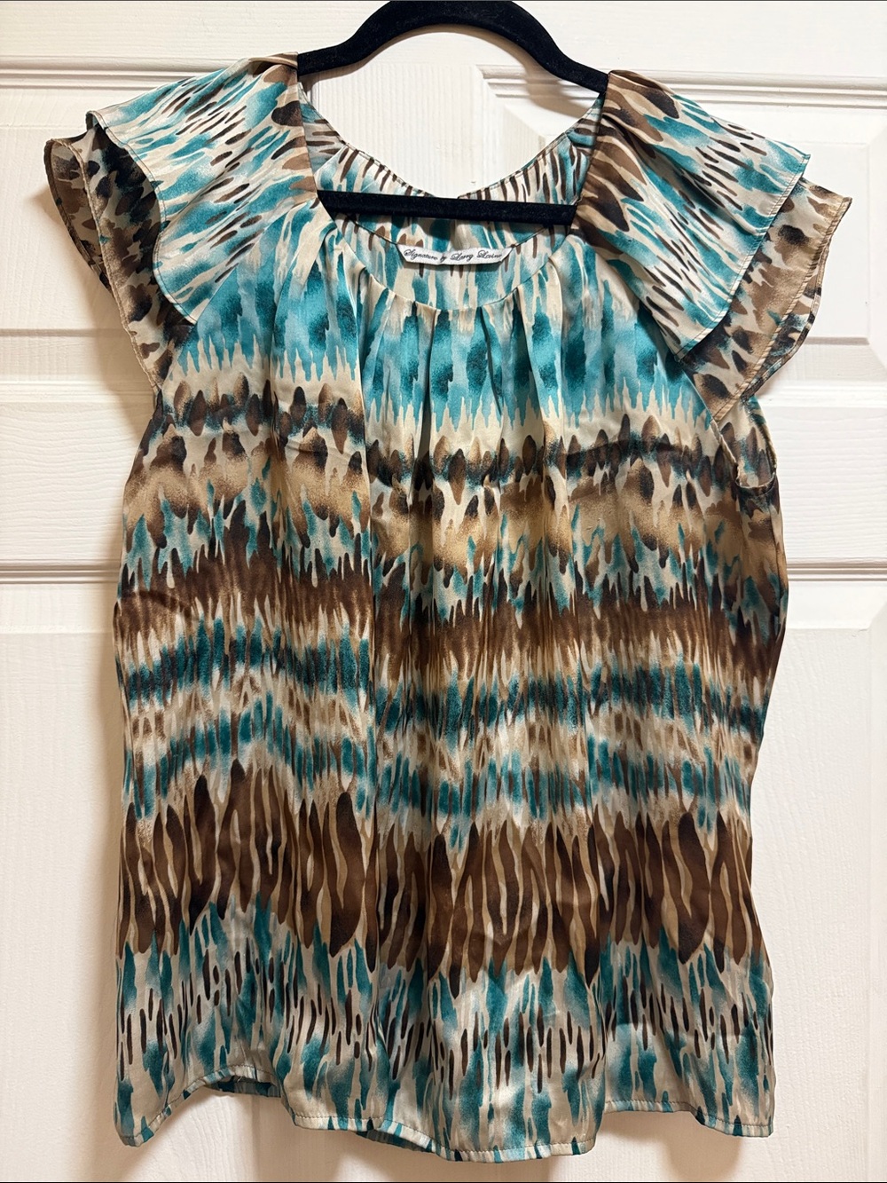 Signature by Larry Levine Teal and Brown Printed Flutter Sleeve Blouse